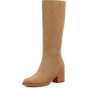 Women's Suede Camel Chunky Heel Round Zipper Winter Dress Tall Knee High Boots